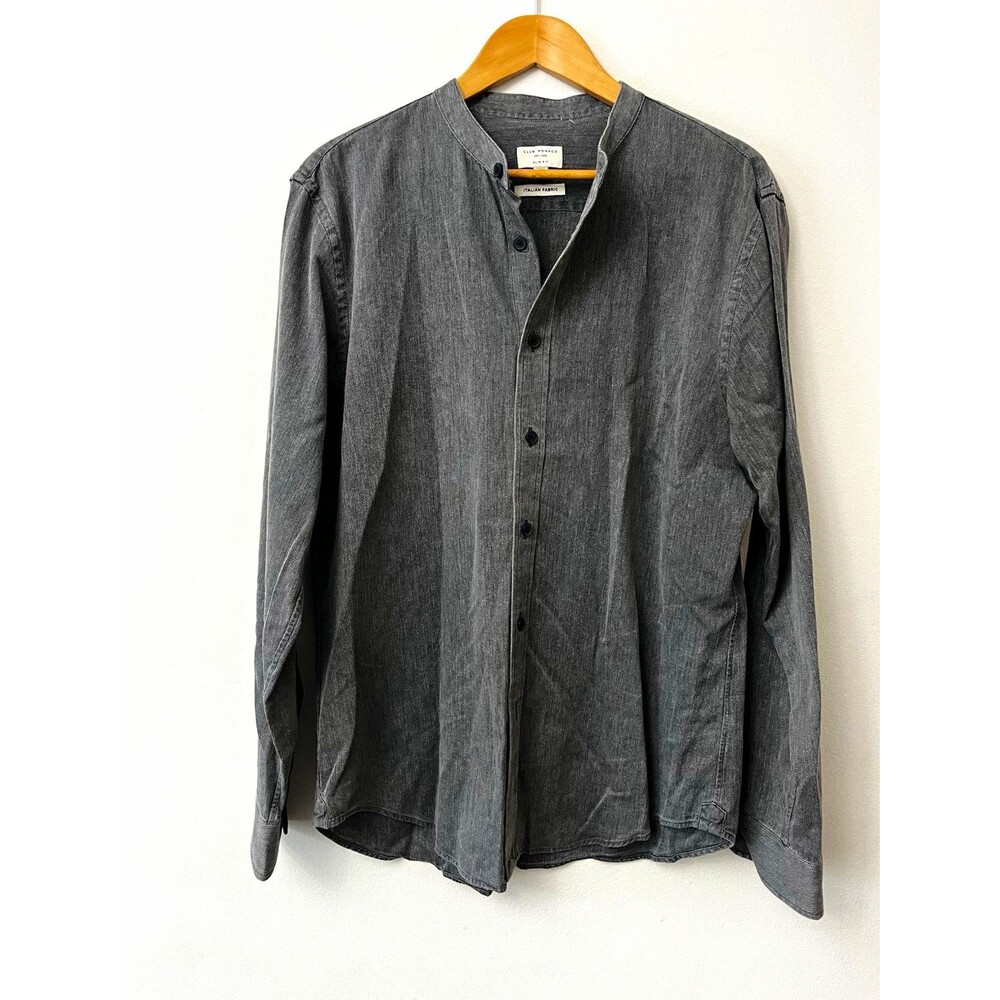 Club Monaco Slim Fit Gray Band Collar Button-Up Long Sleeve Shirt Mens L